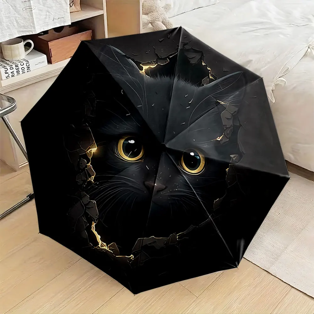 Black Cat Peeking Through Hole Design Umbrella Compact Fashion Folding Umbrella for Daily Use, Christmas Gift