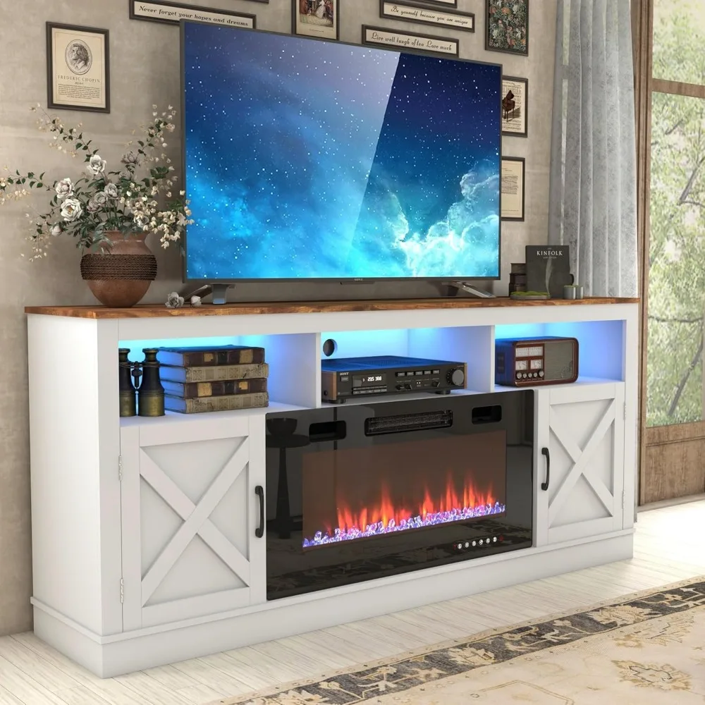 70-80 Inch TV Farmhouse Style Fireplace Entertainment Center with 36 Electric Fireplace and LED Lighting
