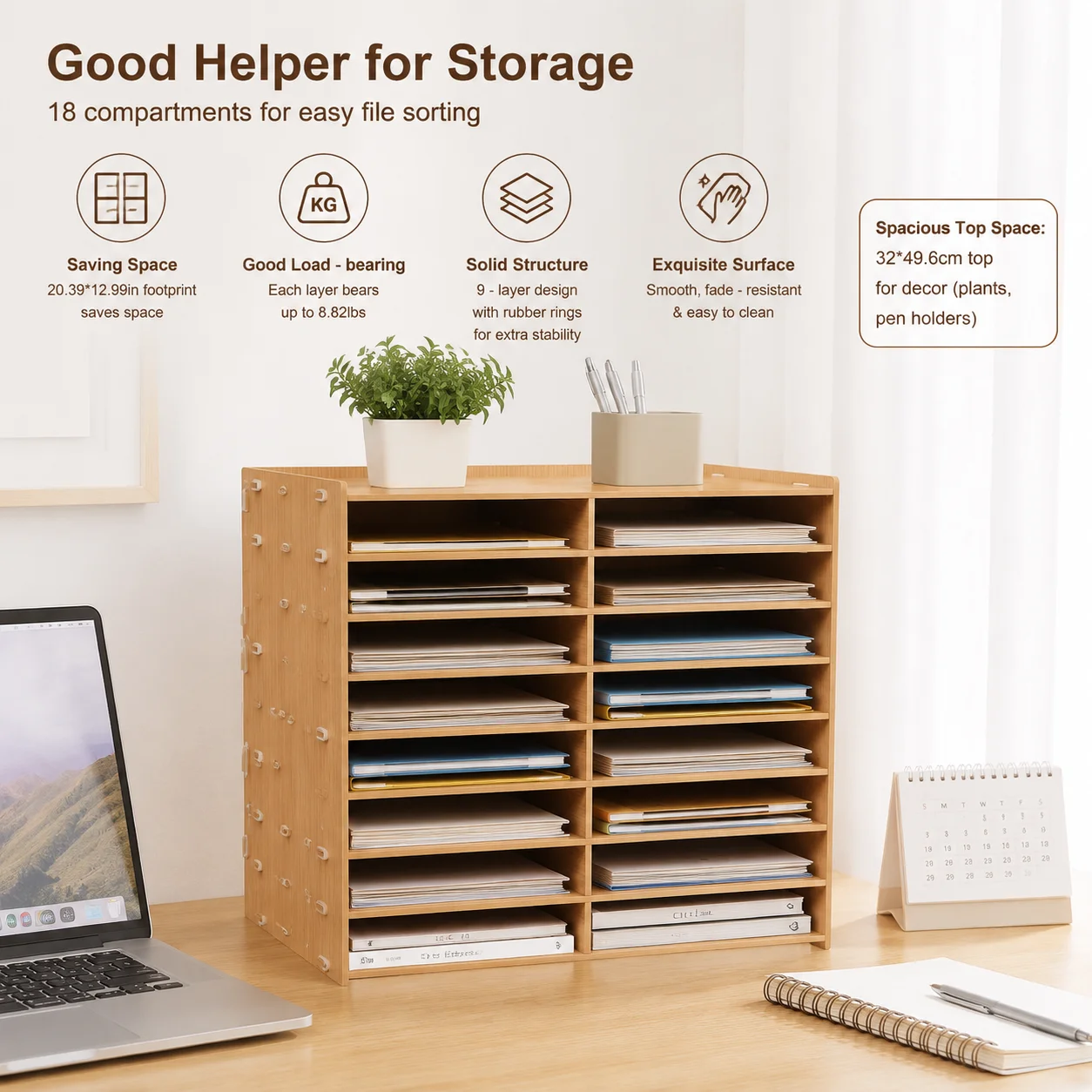 9-Tier 18 Compartments Golden Oak Wood File Literature Organizer Desk Floor Large Mailbox Center Keeper A4 Document Book Magazine Storage Bookshelf Sturdy Load Bearing Easy Assembly Space Saving for Home Office School Classroom Study