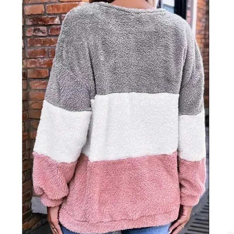 R3MC Sweat-shirt à manches longues col rond pour Pull en polaire rayé