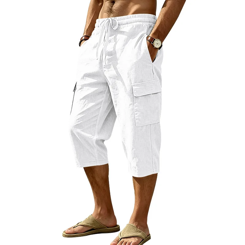 European and American Summer Loose Linen Casual Men's Outdoor Tooling Commuter Sports Multi-Pocket 7-Point Shorts