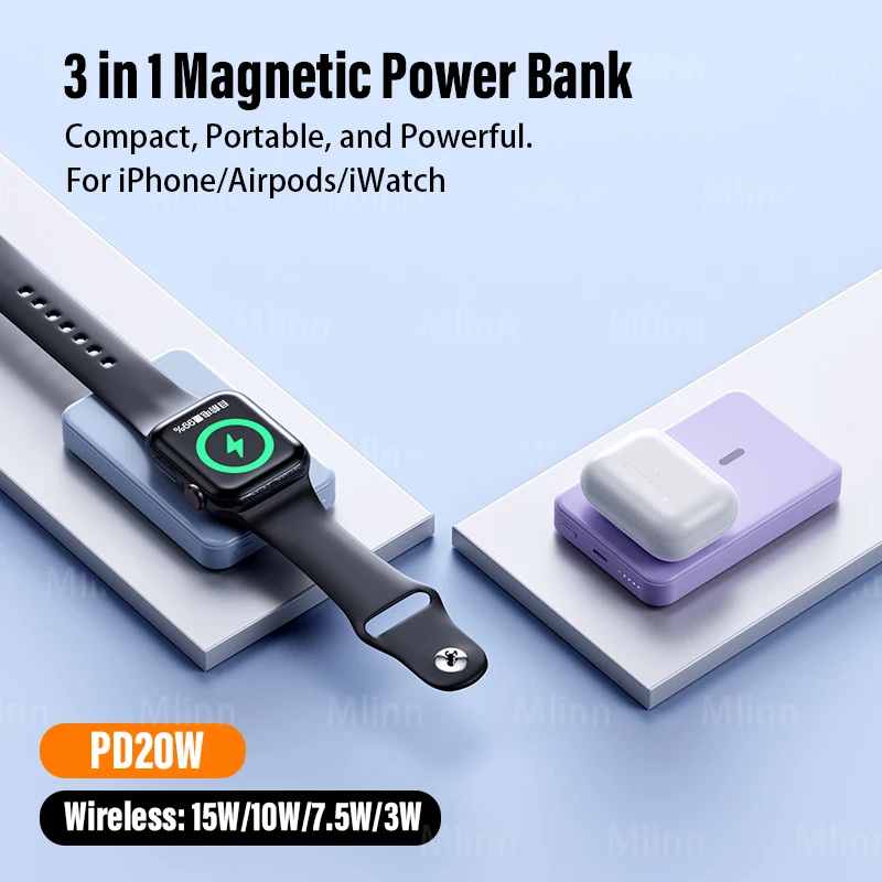 10000mAh Magnetic Wireless Power Bank 3 in 1 Portable Auxiliary Battery PD20W Fast Charging For iPhone 16/15/14/13/12 Watch