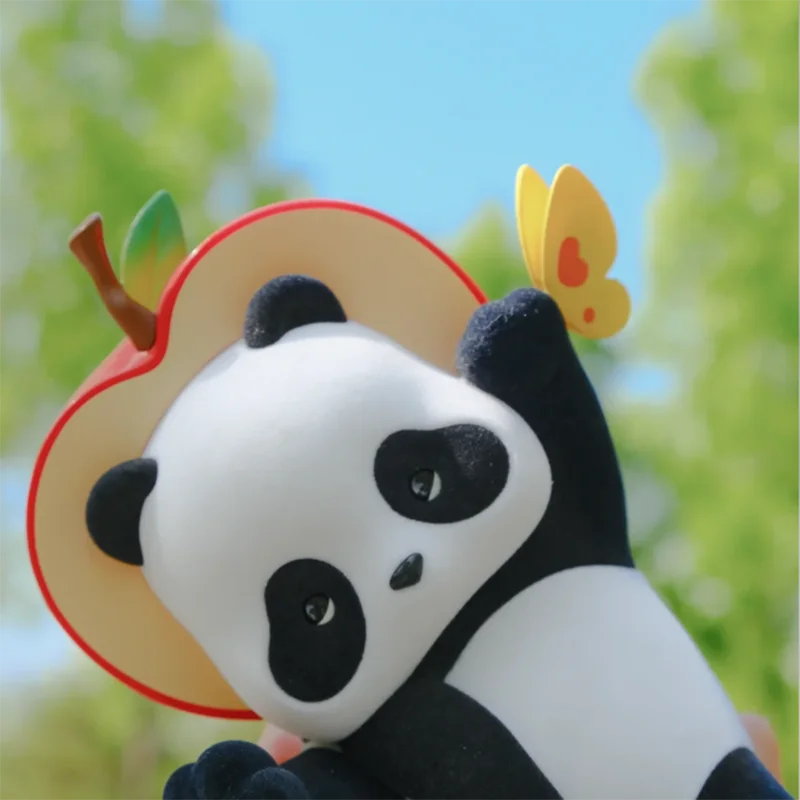 Super cute 52TOYS Panda Roll Limited Edition Small-minded Panda with Apple Hat, Flocked Toy, about 14cm height