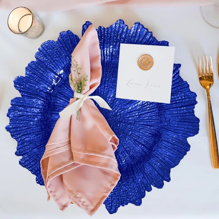 50 قطعة أطباق الشاحن الأزرق الملكي السائبة 13 "شواحن لوحة الشعاب المرجانية لتناول العشاء البلاستيك الأزهار أطباق الزخرفية لإعداد الطاولة الأربعاء #6