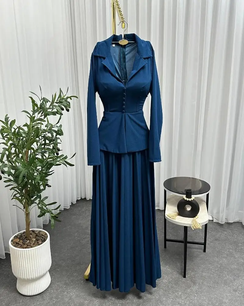 Personalizado moderno jérsei a linha botões vestido de noite de alta qualidade mangas compridas com decote em v até o chão فساتmavera