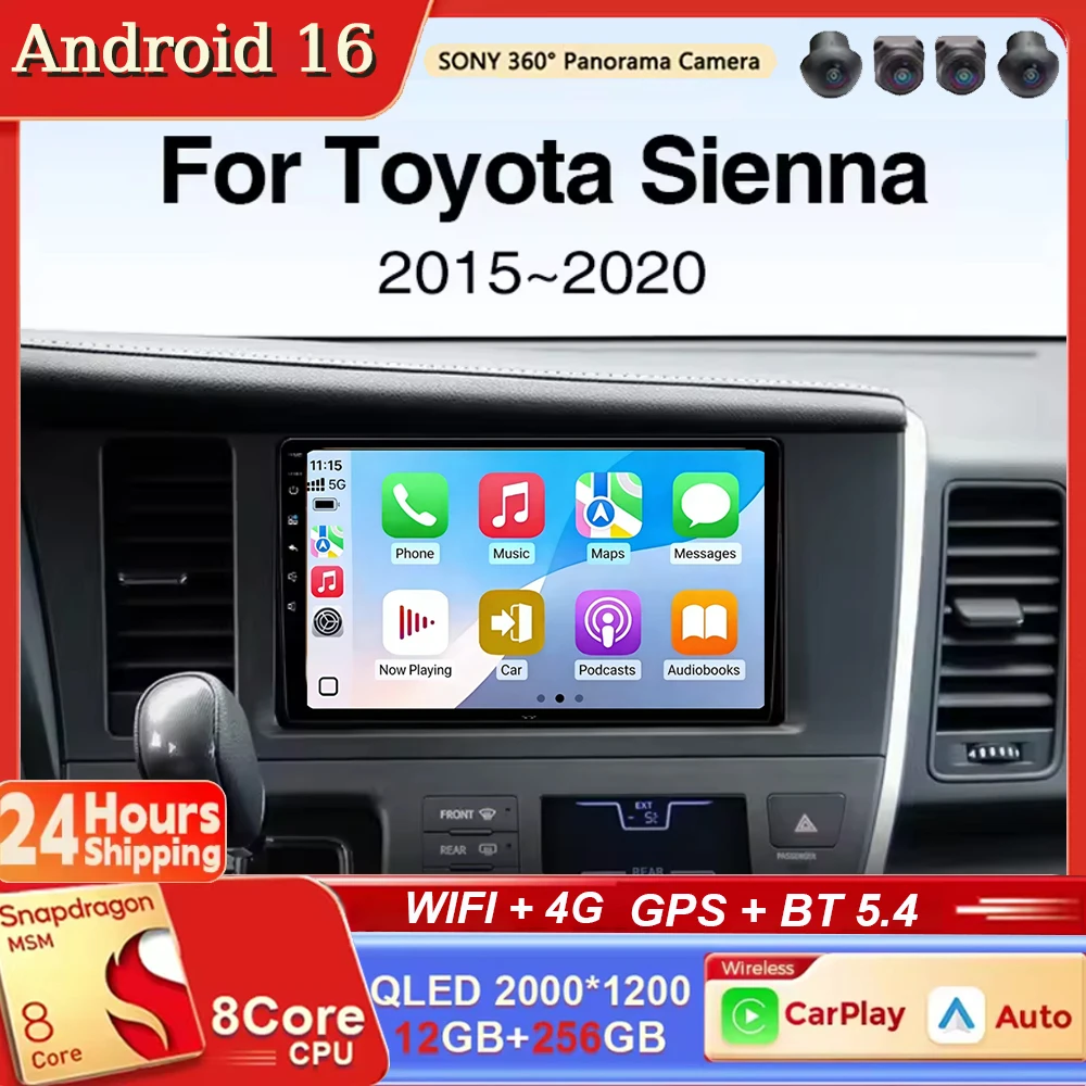 

Автомагнитола Android 16 с CarPlay и Android Auto, мультимедийный видеоплеер, навигация, головное устройство для Toyota Sienna XL30 2015-2018