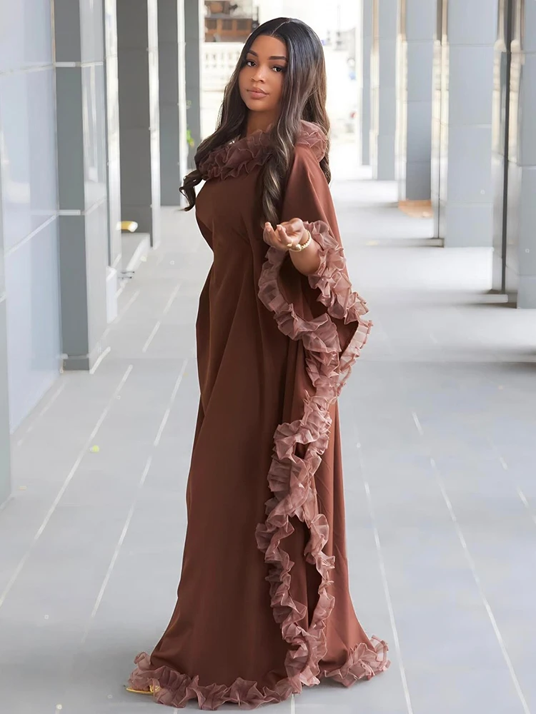 Mn-Robe Maxi Africaine en Coton Brun pour Femme, Abaya Traditionnelle Musulmane, Dégradante pour les Voyages, les Fêtes, le Style de Rue