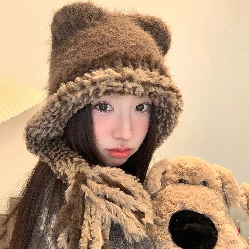 

Women's Pullover Hats Winter Korean Color Contrast 3D Cat's Ears Kawaii Fur Edge Ear Protection Hat Warm Thickened Knitting Hat
