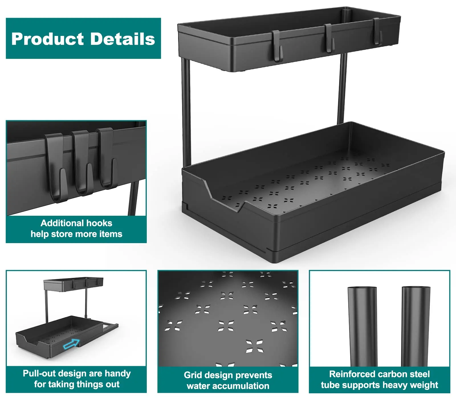 2-Tier Under Sink Organizers and Storage, Sliding L-shape Under Bathroom Kitchen Cabinet Organizers Narrow Space Sink Organizer