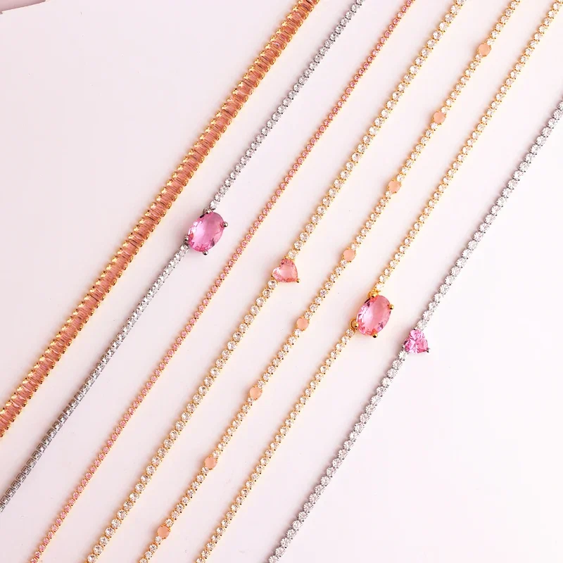 18K Gold Plated Pink Green Heart Pendent CZ Tennis 3A Zircon Paved Crystal Chain Choker Necklace For Women Jewelry Gift