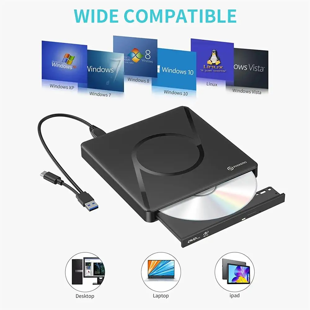 PHIXERO ภายนอก Blu-Ray Burner ไดรฟ์ USB3.0ภายนอก Blu Ray DVD 3D Slim ไดรฟ์ Blu-Ray Writer Reader CD/DVD สำหรับ Window