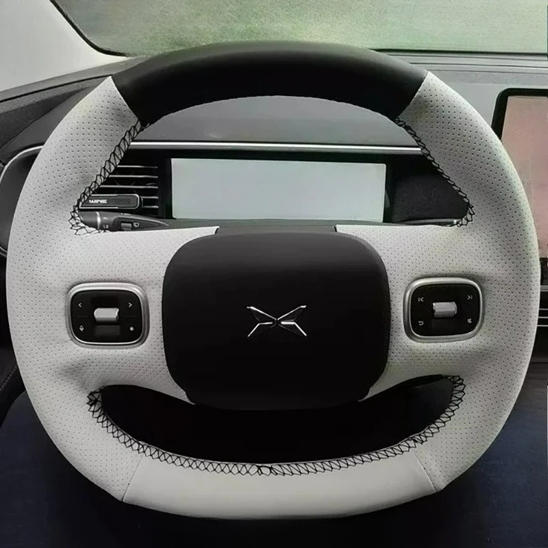 

Hand-stitched renovation ultra-thin Non-slip wear-resistant black white leather steering wheel cover For Xpeng G6 2023 2024