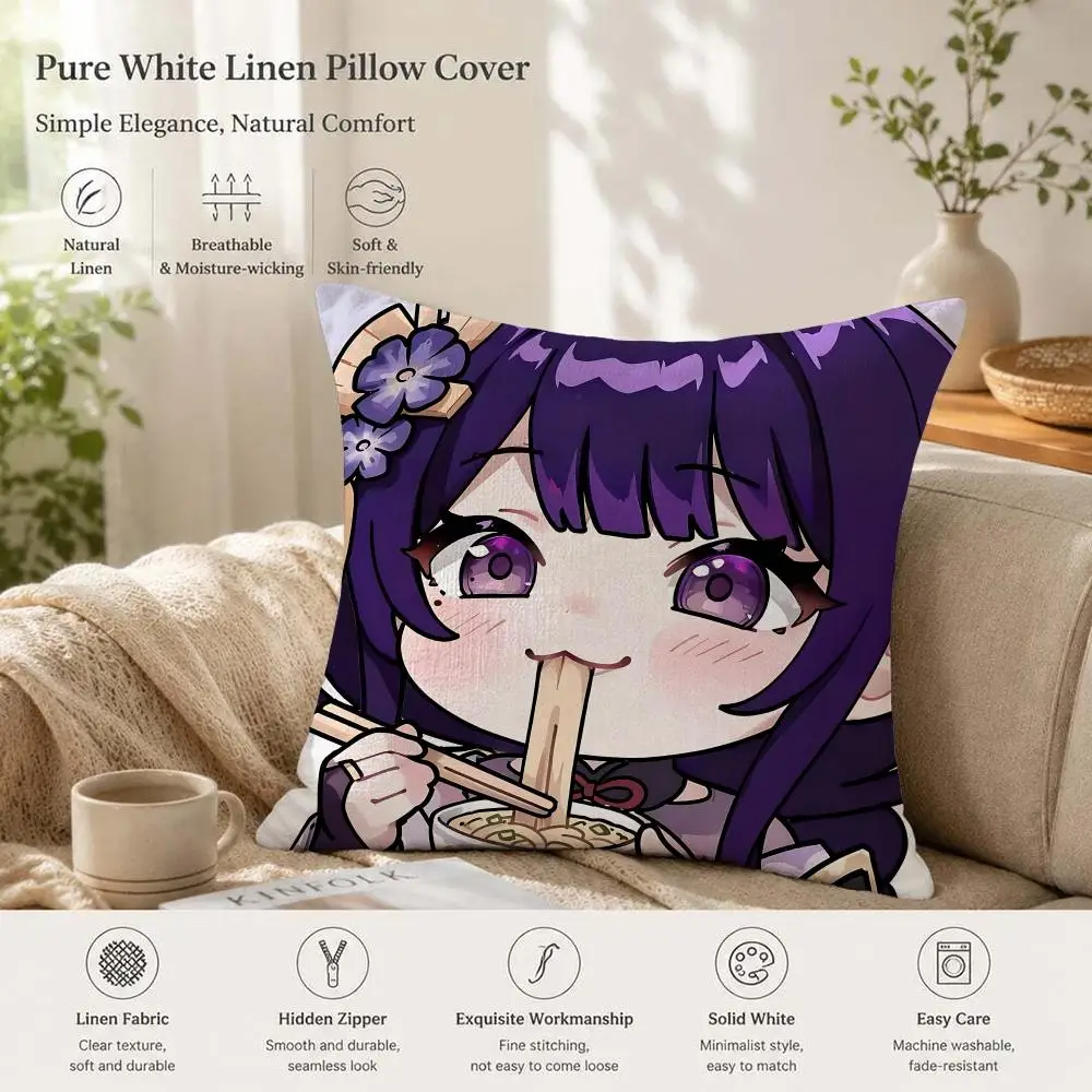 Raiden Shogun Cute Genshin Impact Cushion Cover 1/4PCS Linen Sofa Couch Bedroom Living Room Home Office Decor Pillow Case