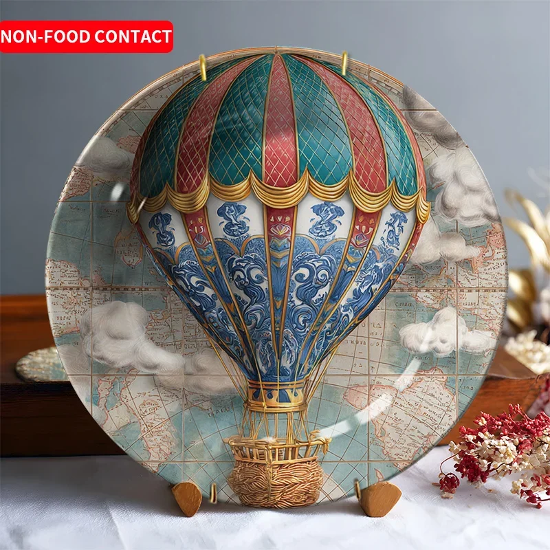 1pcHot Air Balloon Map Ceramic Decorative Plate Wall Hanging Art Piece for Living Room Study Non-Food Contact Nordic Style Home