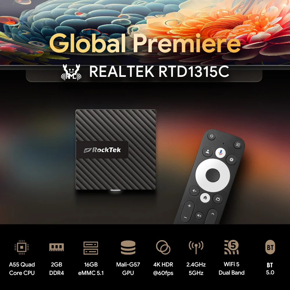 RockTek GB1 TV Dongle with Netflix Google Certified 2GB DDR4 16G eMMC Realtek1315C A55 CPU Mali-G57 GPU Support Dolby Atmos