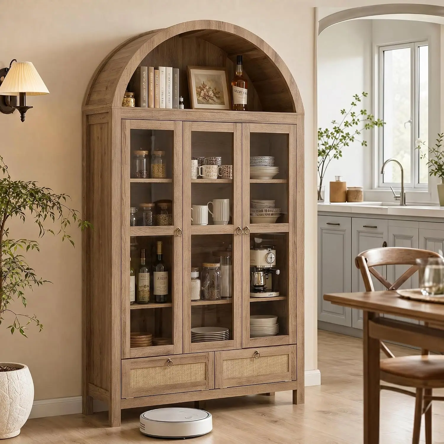 75'' Arched Cabinet Classic Farmhouse Design w/Three Glass Doors, Arch Cabinet w/Rattan Drawers and Anti-Tipping Device