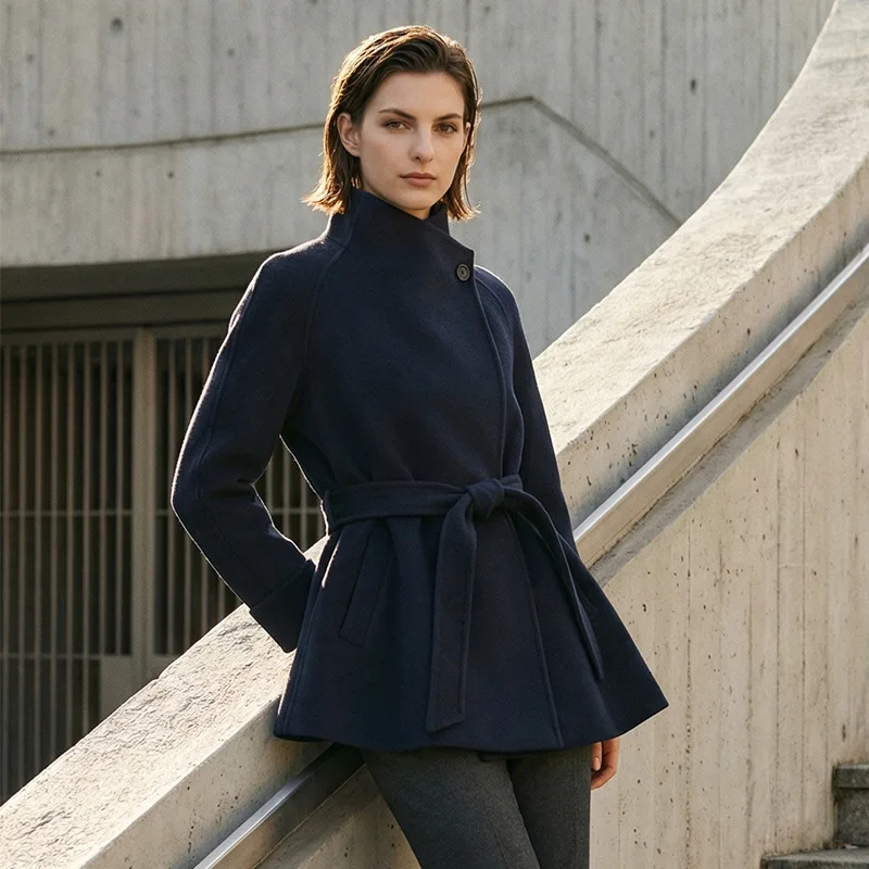 

Women's Autumn Winter Handmade Woolen Coat Sheep Wool Navy Blue Cashmere Coat