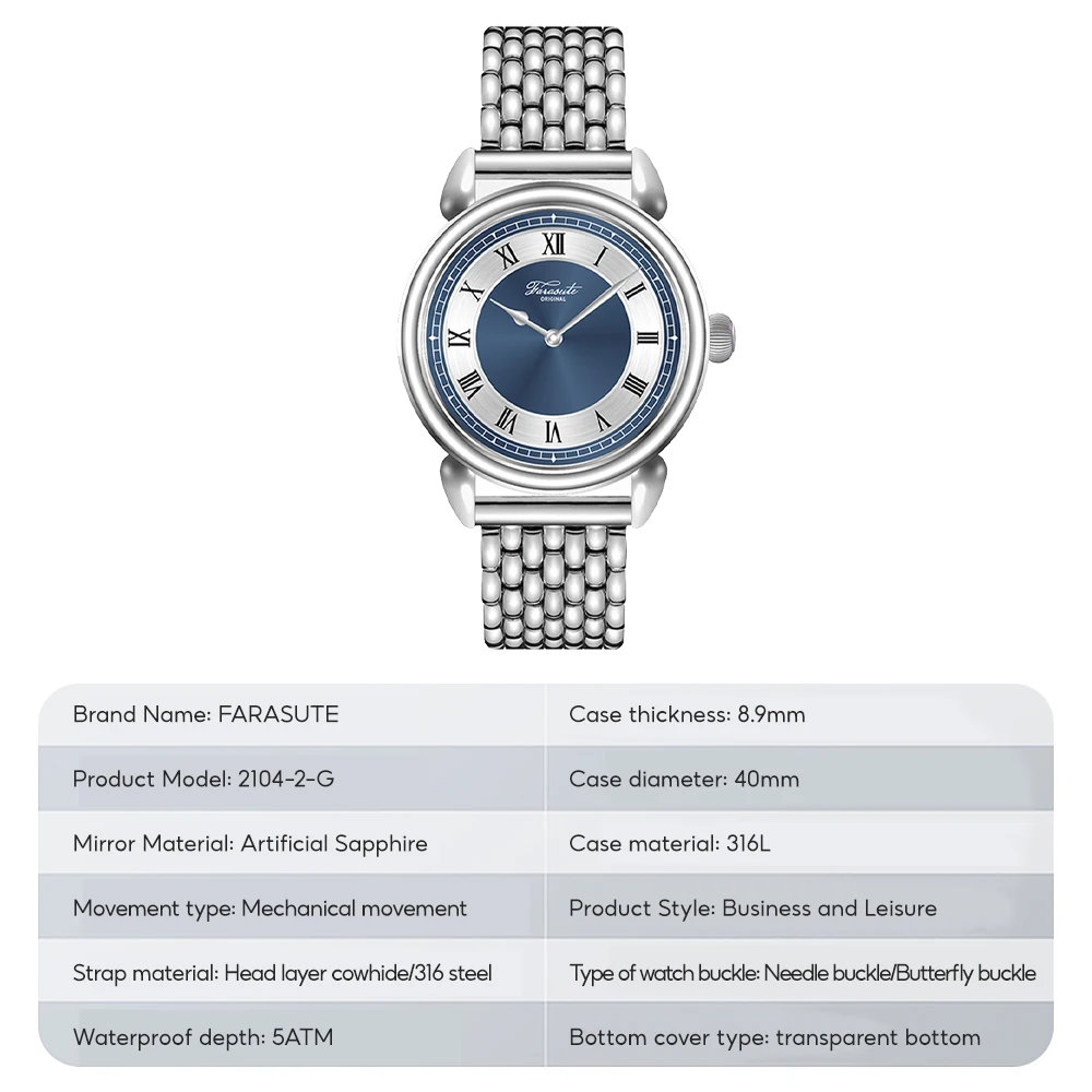 FARASUTE New Luxury Sapphire Stainless Steel Watch ﻿Men Casual 5Bar Waterproof Automatic Mechanical Wristwatches Male Relojes
