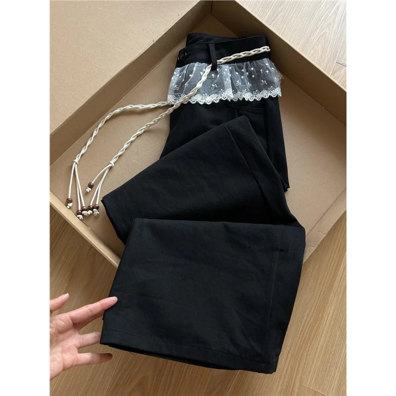 

Модные женские джинсы с высокой талией, прямые длинные брюки с кружевными вставками, широкие повседневные брюки с драпировкой и шнурком