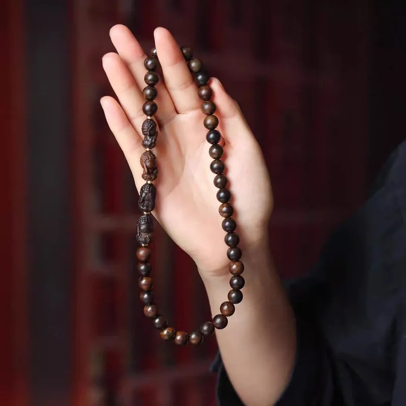 double-loop with four Buddhas, hand-carved agarwood beads, couple's bracelet