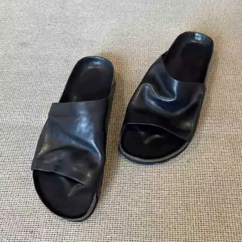 Women Vintage Cow Leather Slide Sandals Open Toe Slip On Flat Slippers Retro Soft Leather Casual Slides