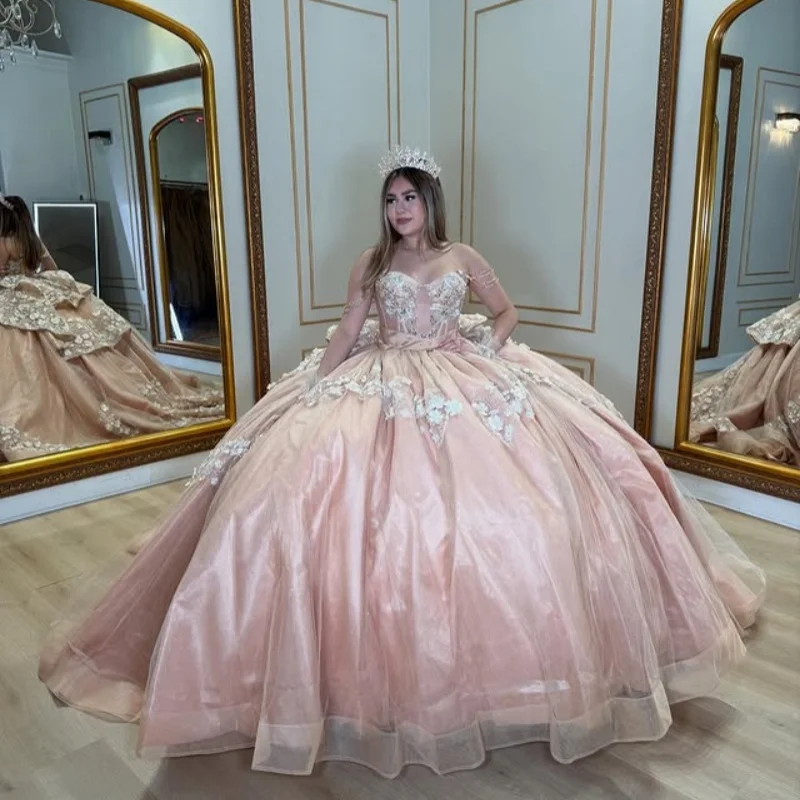 Блестящие платья Quinceanera LIGHT CHAMPAGNE по индивидуальному заказу с открытыми плечами и аппликацией из блесток с 3D цветком Vestido 15, Quinceanera