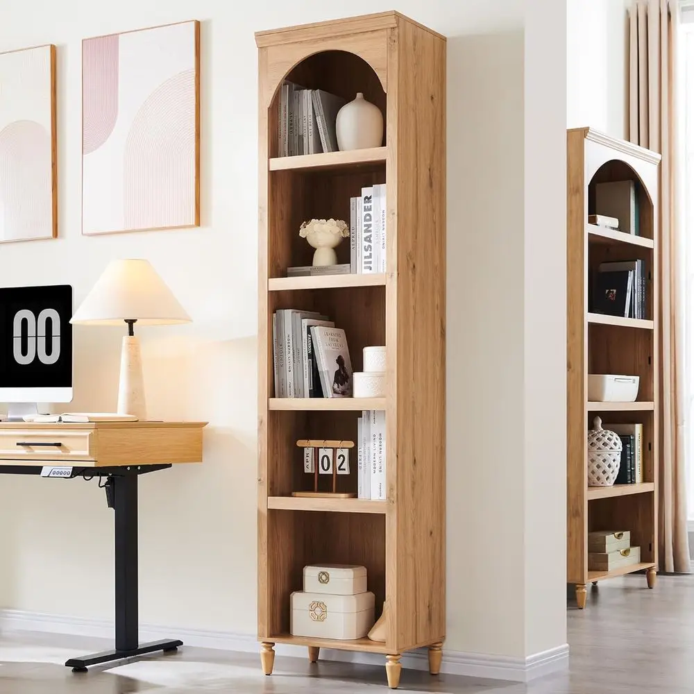 76 Tall Arched Bookcase, armhouse 5 Tiers Narrow Arched Bookshelnet with Adjustable Shelves, ern Wooden Book Shel w/Storag