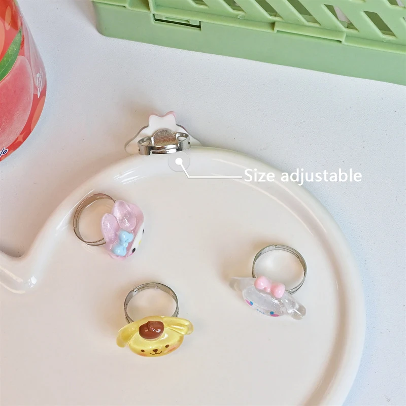 Sanrio-anillo ajustable de apertura para mujer y niña, sortija ajustable con diseño de Pachacco, Cinnamoroll, Kuromi, Purin