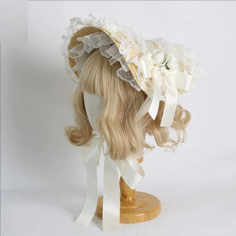 قبعة قش دانتيل لوليتا على الطراز الريفي متعددة الألوان تذكر bnt قبعة من القش على طراز فرنسا #6