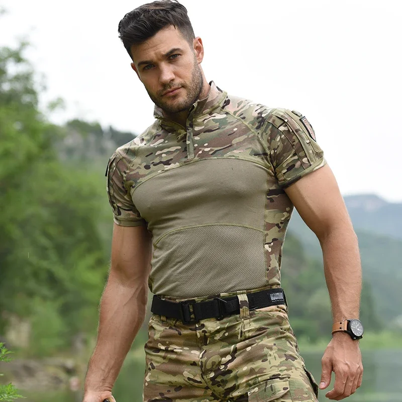 

Men Shirts Airsoft Trainning Tactical T Shirt Short Sleeve Stretch Cotton 1/4 Zipper Camo Tee Shirts Paintball Hunting Clothing