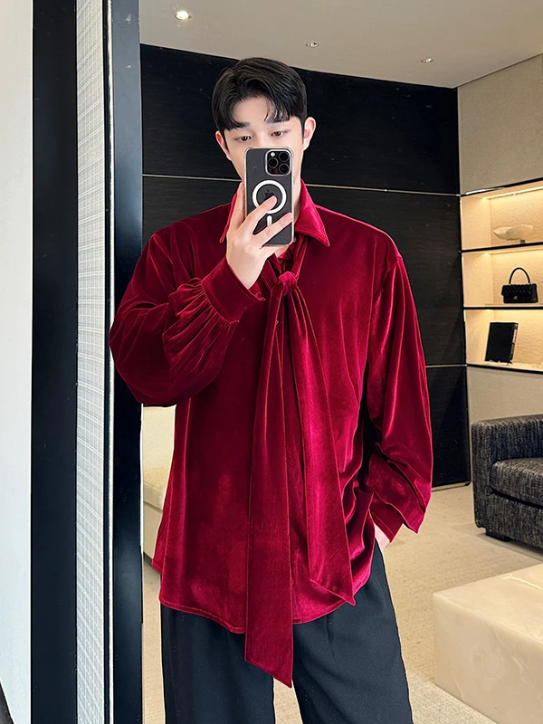 

Autumnal Ele Vintage Wine Red Velvet Long Sve Men's irt Korean Sle Haome Top Trendy Button-Up Casual irt