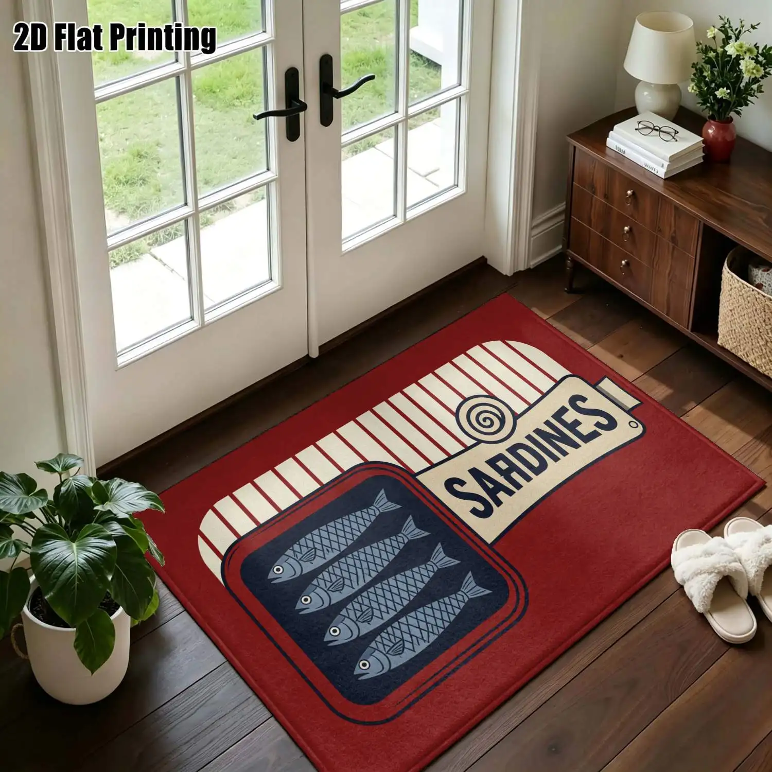 1Pc 2D Printed Retro Red Base Sardine Letter Pattern Nordic/Instagram Modern Minimalist Geometric Striped Carpet, Machine Washable, Multi-Size, Ideal for Home Decor, Entrance/Dining/Foyer/Living/Bedroom
