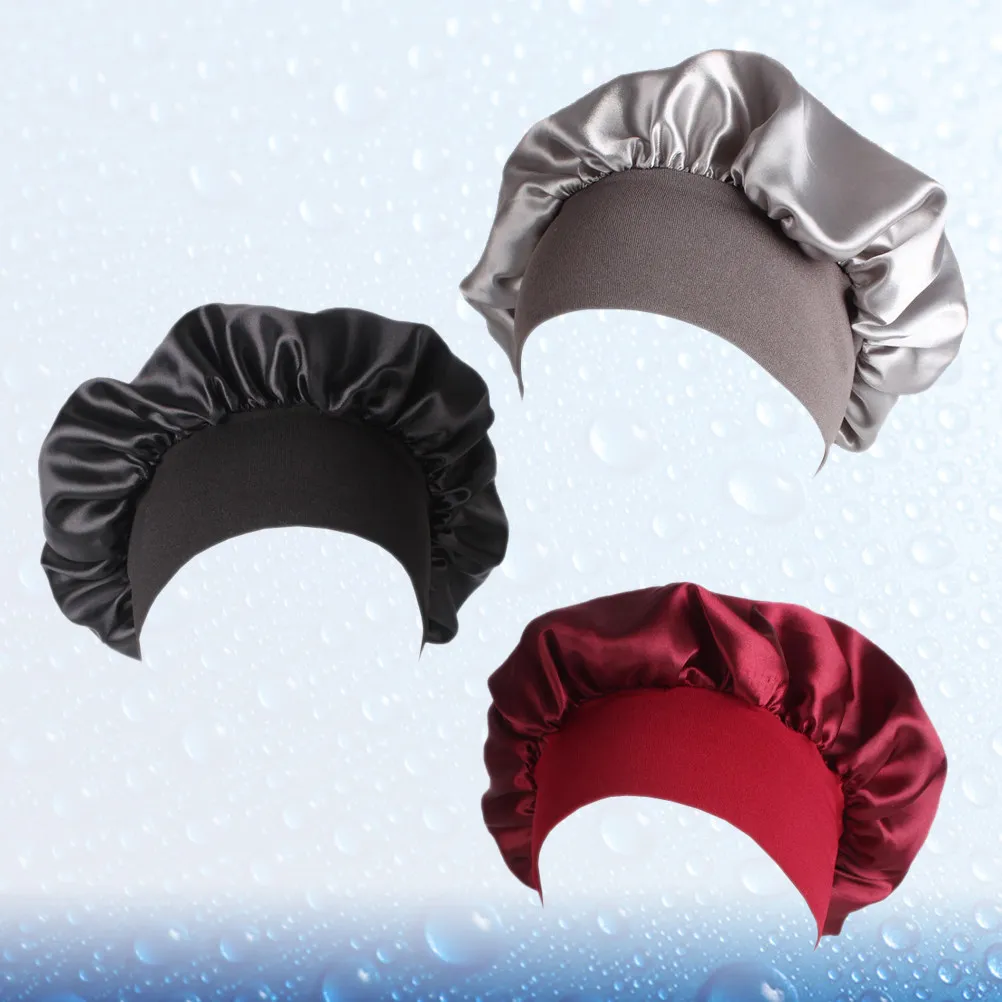 

Набор из 3 атласных шапочек для сна: легкие, из дакрона, для защиты волос, с широкой эластичной резинкой, мягкие, для химиотерапии, для ночного сна и душа