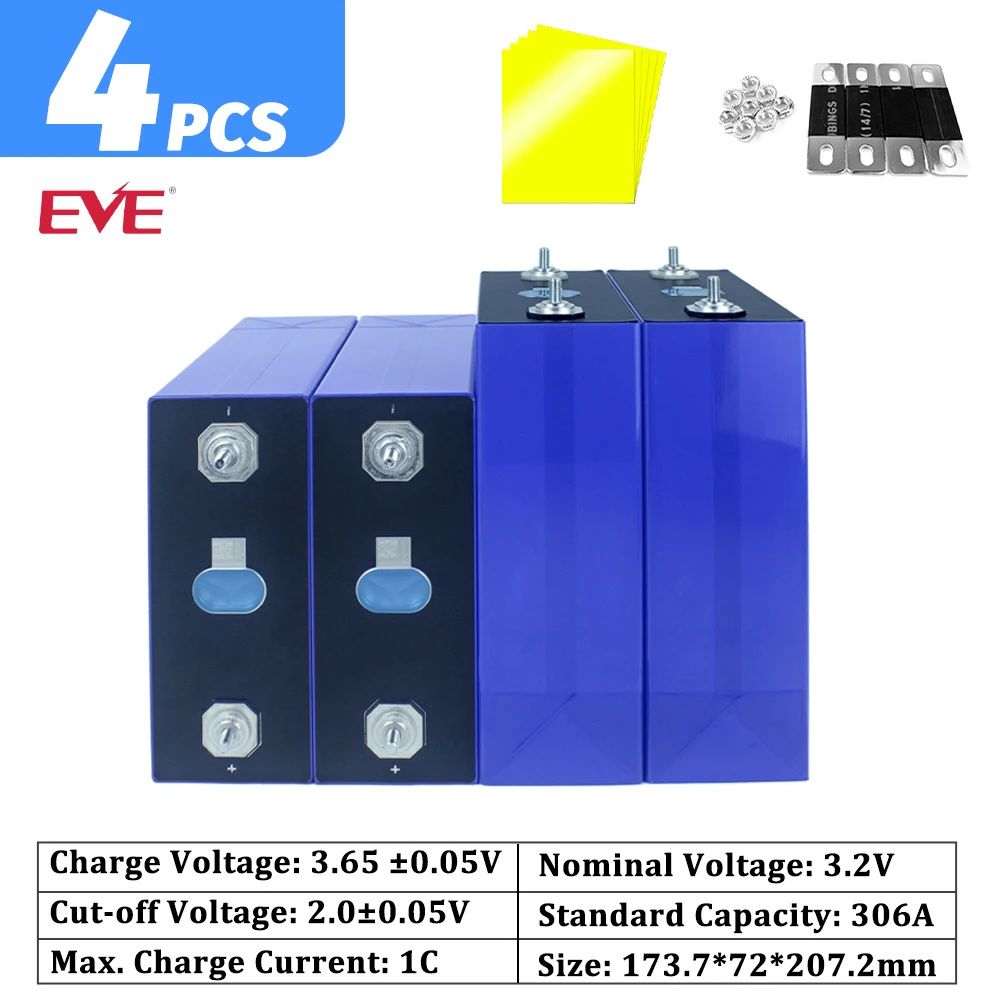 EVE Lifepo4 Rechargeable 3.2V 50Ah 80Ah 100Ah 105Ah 230Ah 280Ah 304Ah 306Ah 314Ah batteries 4PCS FOr DIY Boat RV Solar System