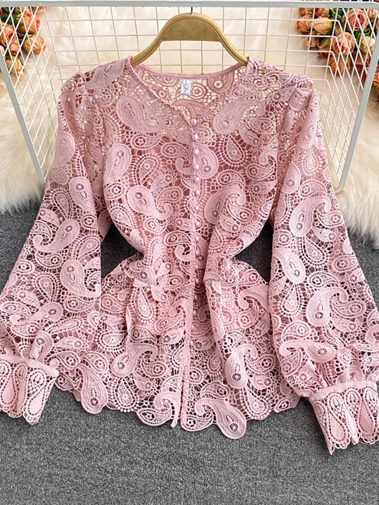 Sweet Memory Vintage Red/White/Pink Hollow Out Lace Blouse Women Elegant Lantern Long Sleeve Single Breasted Tops