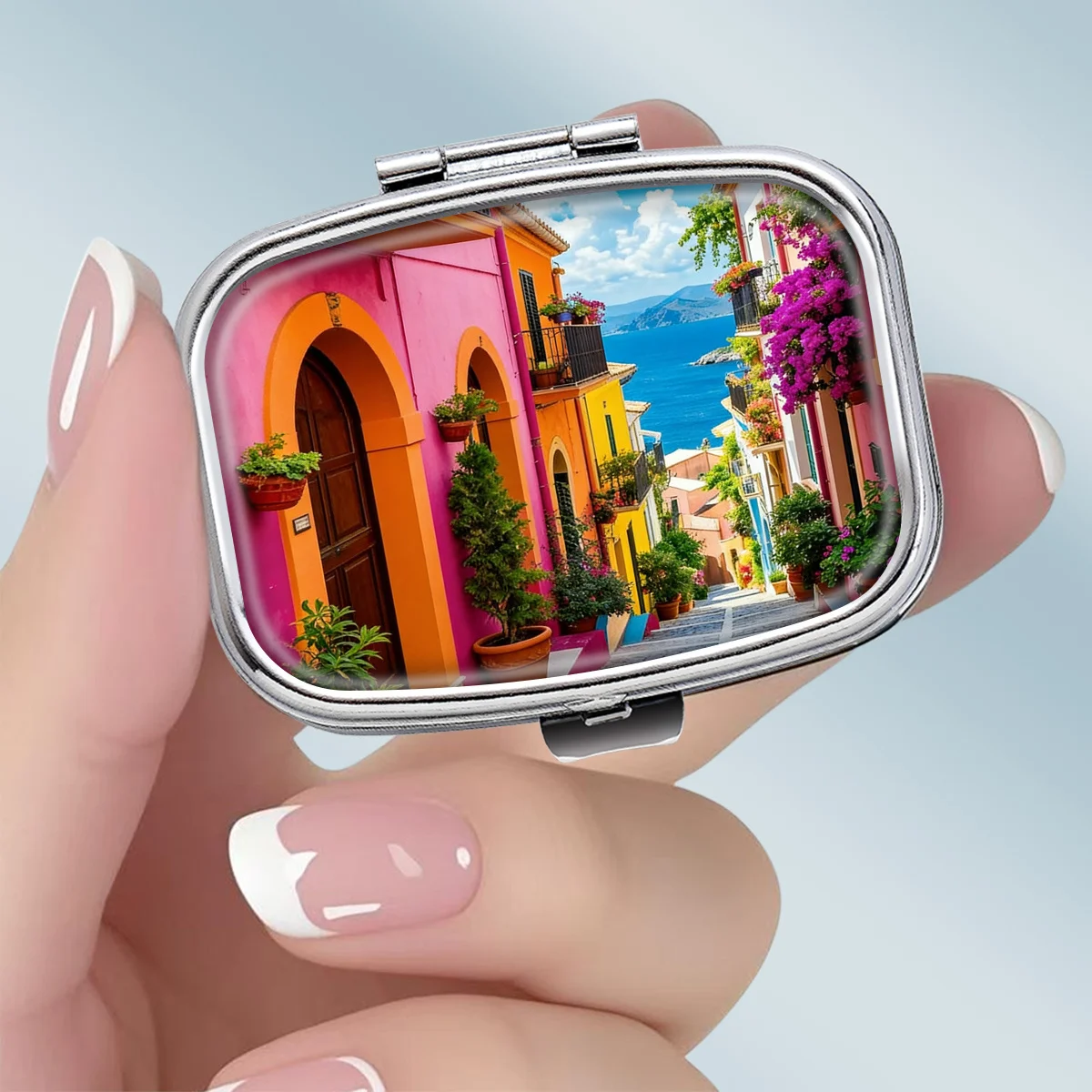 1PC Mediterranean Colorful Town Scenery Pattern Square 2-Compartment Pill Box - Portable Medicine and Vitamin Storage Box, suitable for hand-carrying or travel use, unique small gift, wallet pill box
