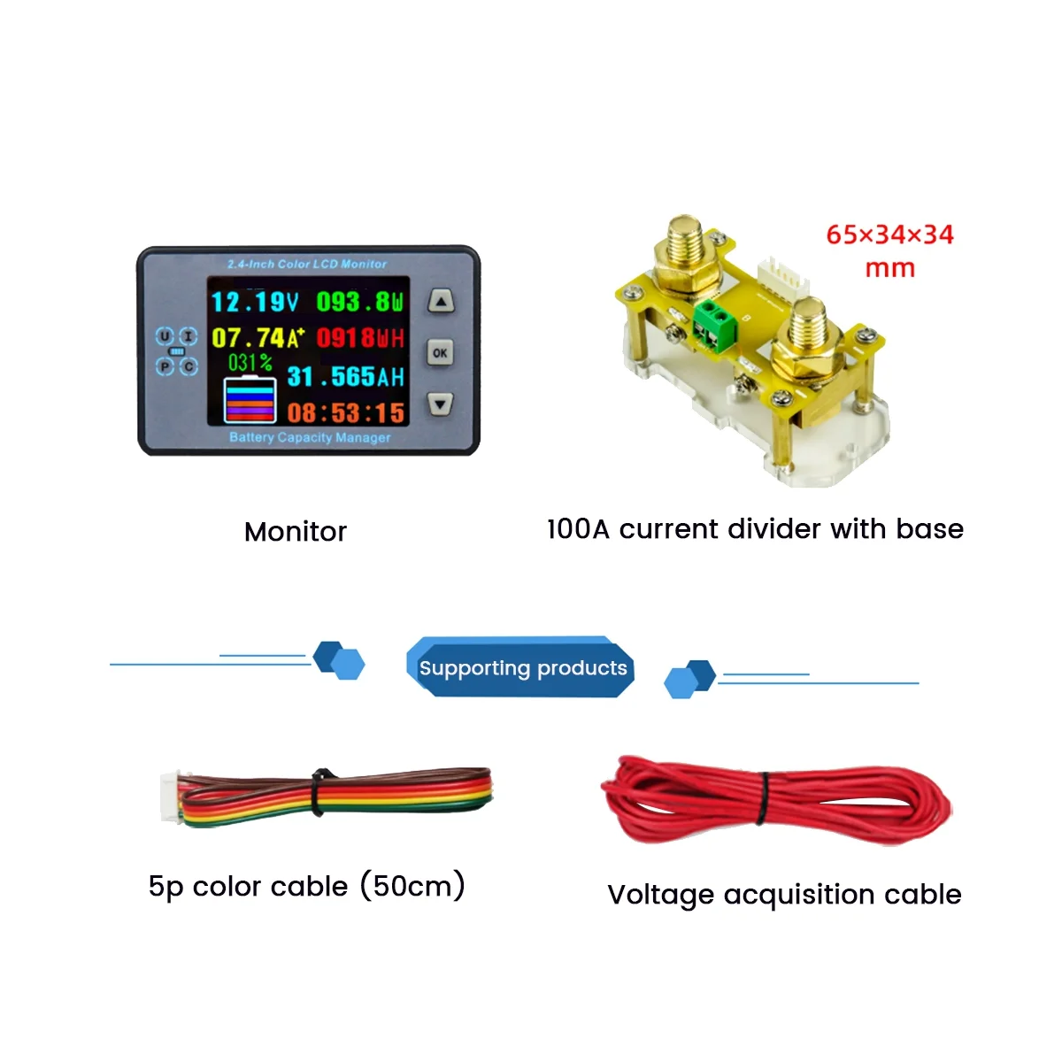 VA9810 2.4 Inch Voltage Meter+100A Diverter with Base Coulometer Capacity Power Detector Monitor for Electric Vehicle/RV