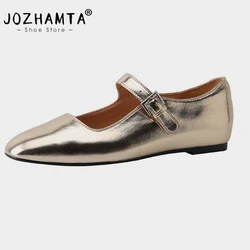 JOZHAMTA Size 33-41 Women Luxury Ballet Flats Shoes Real Leather Metallic Silver Gold Low Heels For Woman Casual Daily Mary Jane