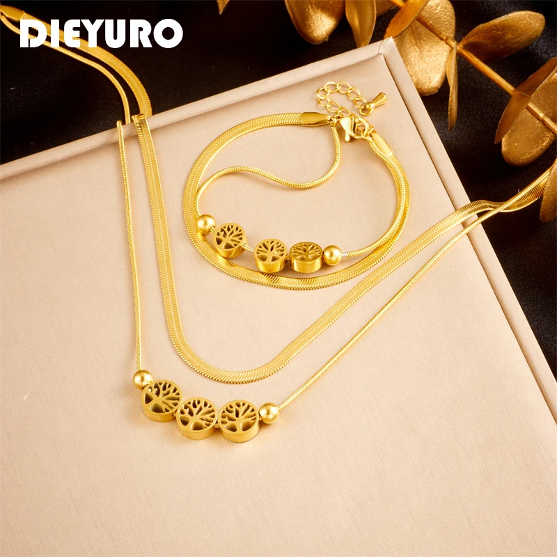 

DIEYURO 316L Stainless Steel Gold Color Round Tree Necklace Bracelet For Women Girl Fashion Waterproof Jewelry Set Party Gift