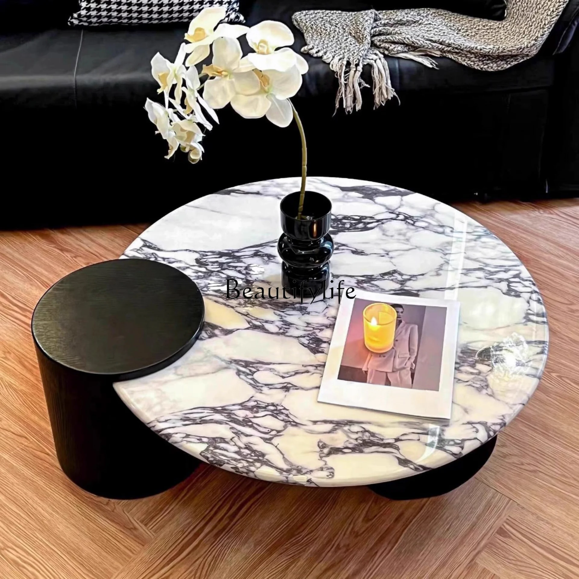 

03.Living room household small apartment retro solid wood light luxury French marble medium ancient style round coffee table