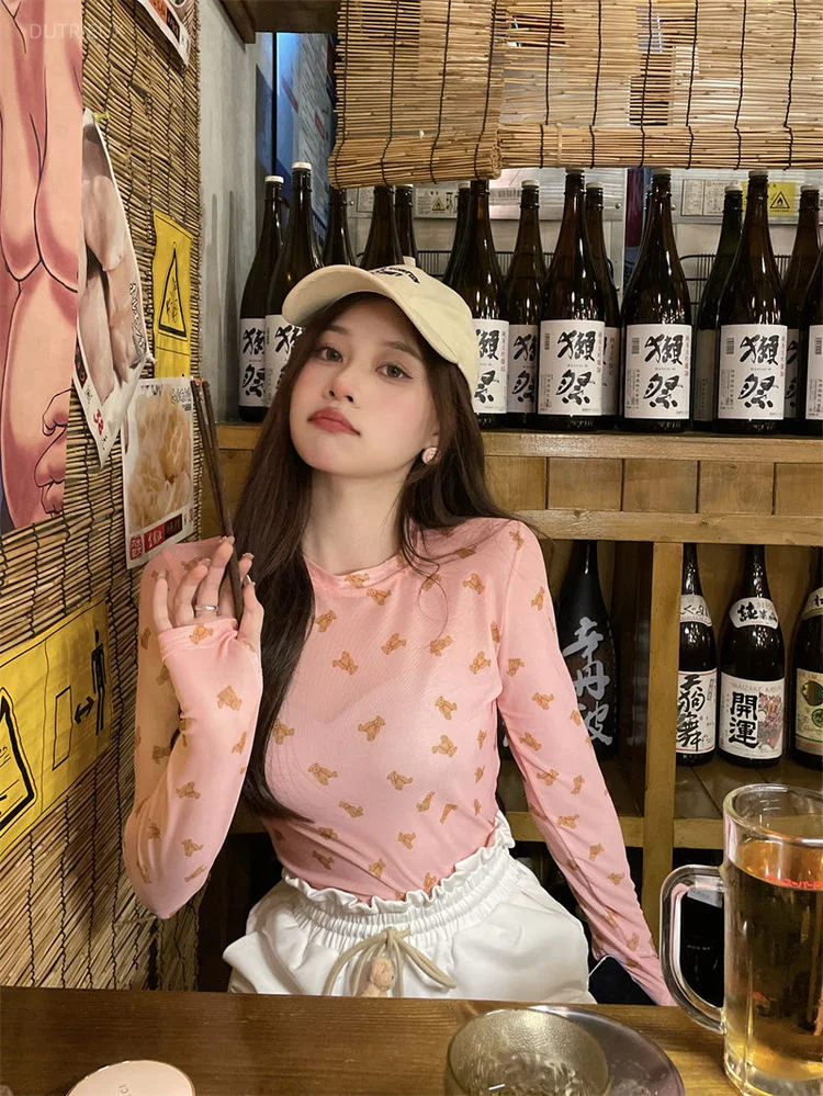 KOSAHIKI Long Sleeve Crop Mesh Top Women Y2k Aesthetic See Through Slim T-shirt  Cartton Cat Print Kawaii Sexy Tee Shirts