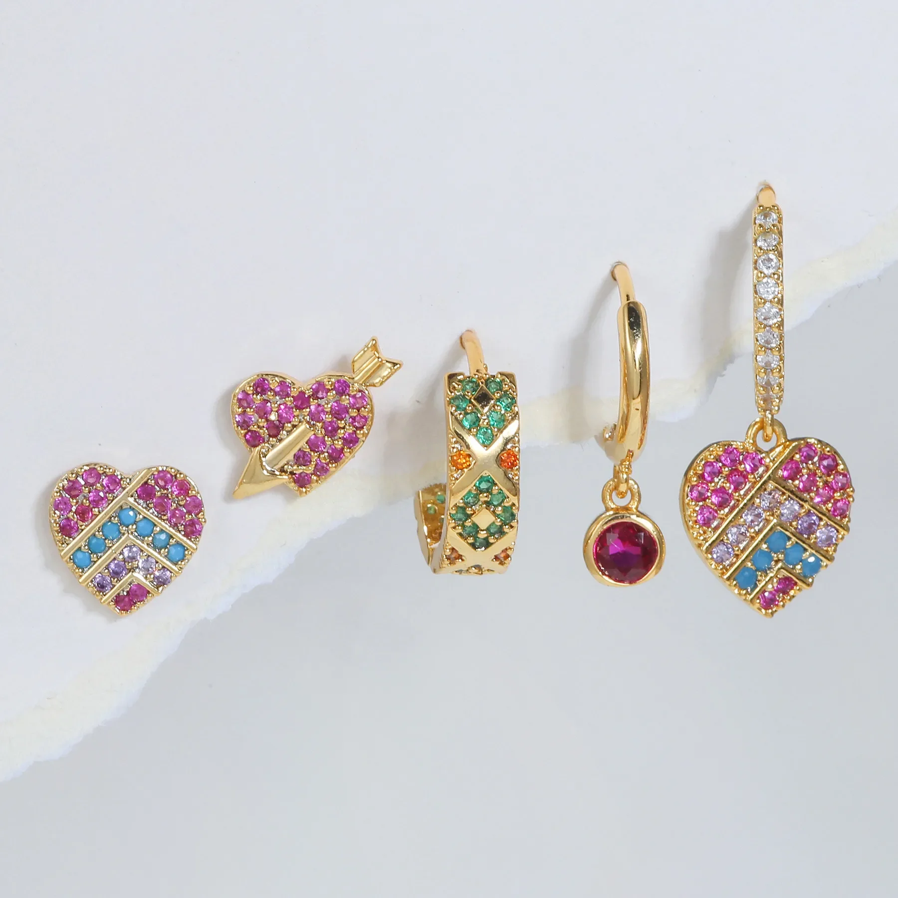 2025 New Trend Copper Multicolor Zirconia Heart Hoop Earrings 5PCS Beach Party Creative Jewelry Set Women's Charm Accessories