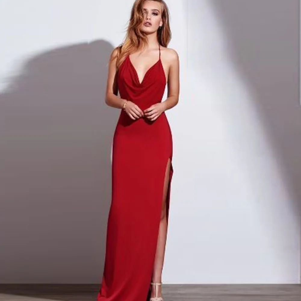 Sexy Red Halter Backless Evening Dress Mermaid Prom Dresses  Split Floor Length Formal Party  Dress