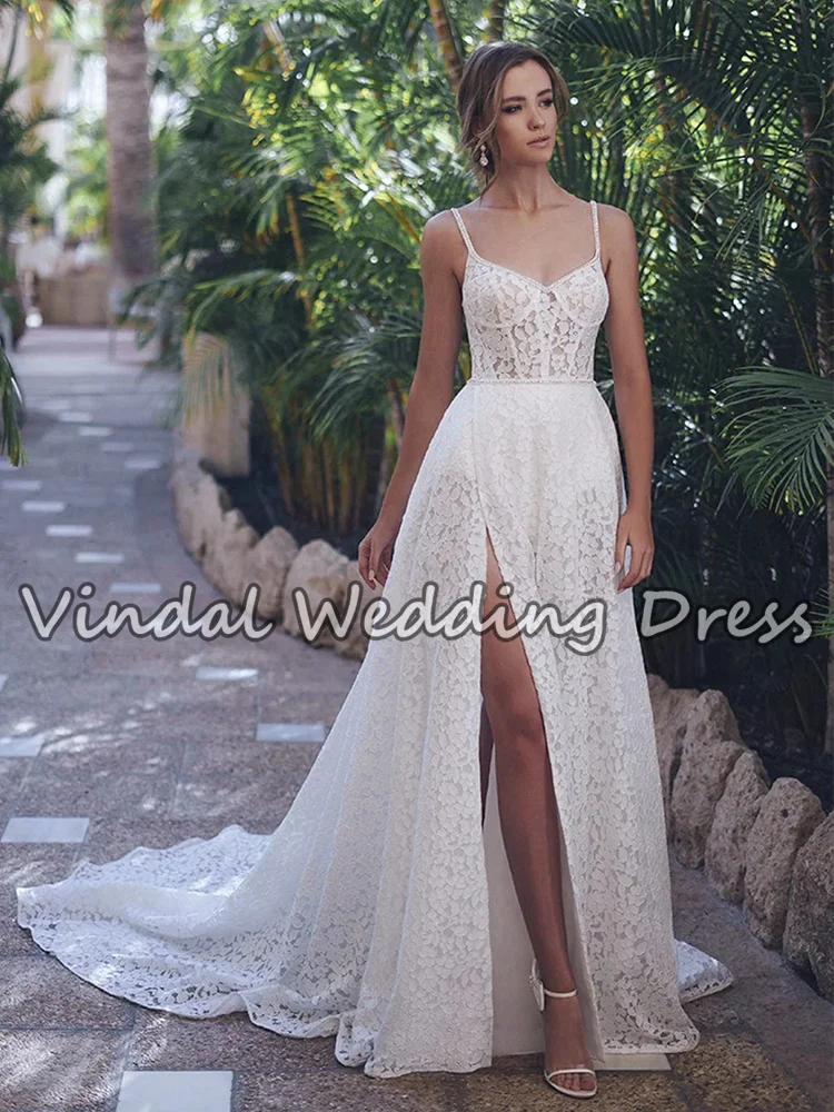 Suknia ślubna Vindal Boho, linia A, cała z koronki, 2026, seksowne ramiączka spaghetti, suknia ślubna z wysokim rozcięciem, Vestido De Noiva, możliwość personalizacji.