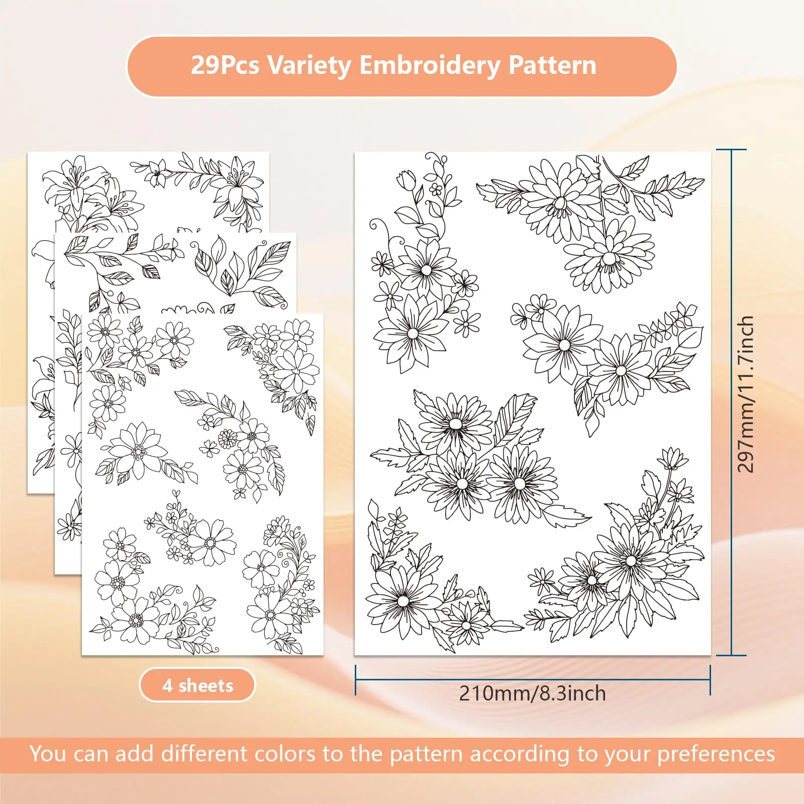 4-Sheet Corner Floral Embroidery Stabilizer - Pre-Printed Water-Soluble Designs on Stick & Stitch Paper for DIY Projects