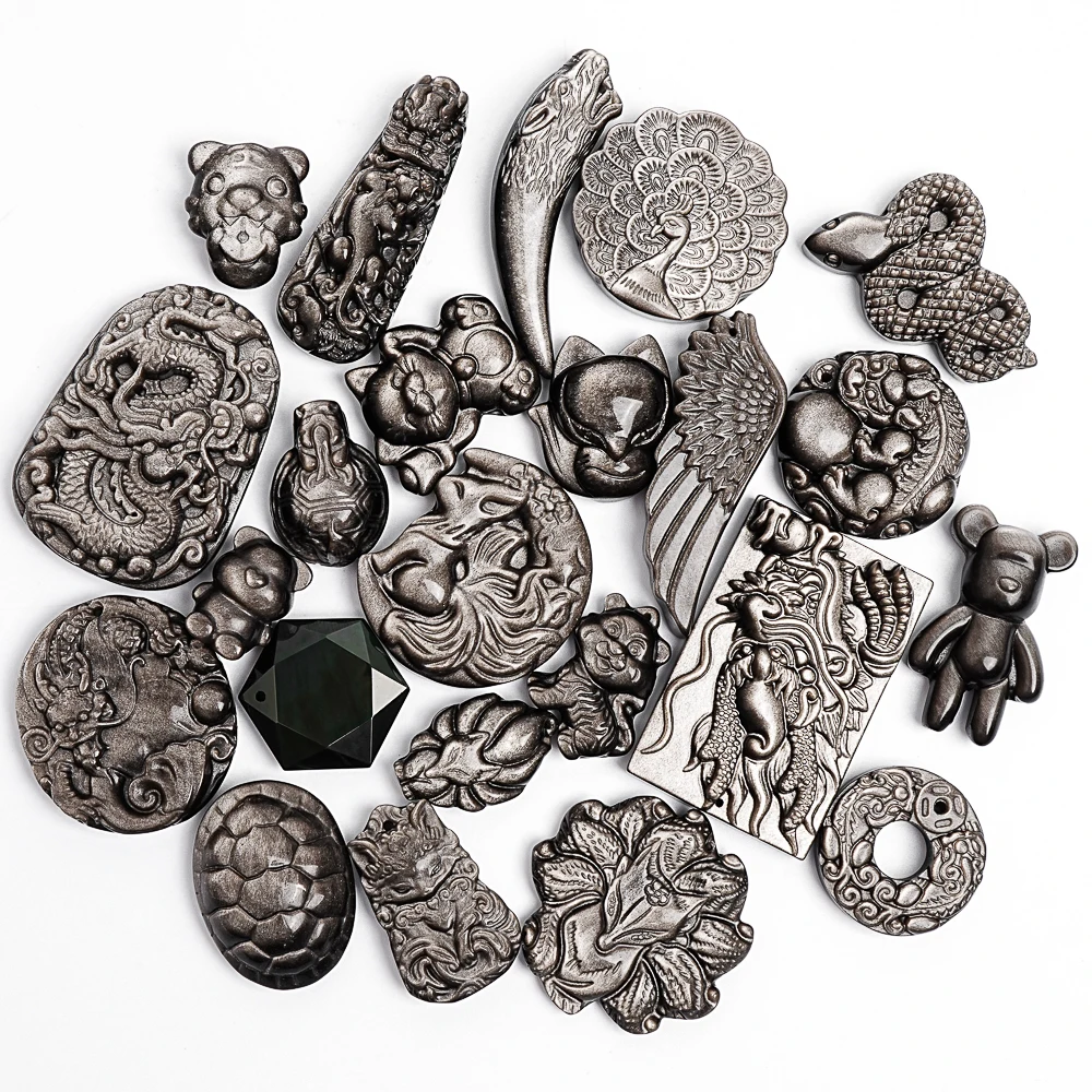 

1 шт. серебряный кулон из обсидиана волк клык лиса резьба Шарм для изготовления ювелирных изделий ожерелье DIY аксессуары