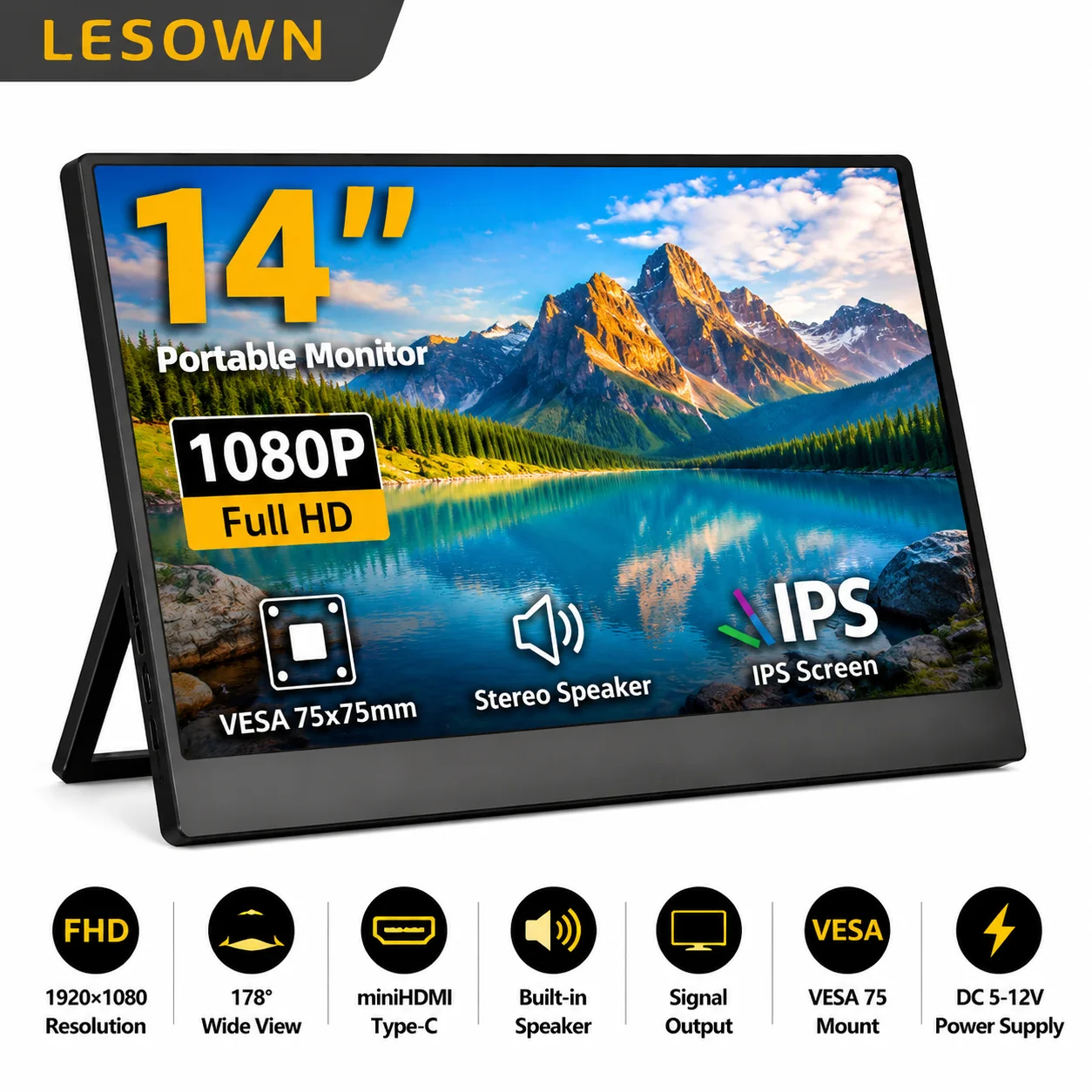 LESOWN 14" External Monitor 1080P Resolution Plug and Play Slim Travel Display with VESA Mount for Office