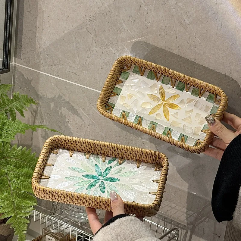 Natural Rattan Shell Woven Tray Home Living Room Coffee Table Tea Tray Fruit Basket Bathroom Storage Basket