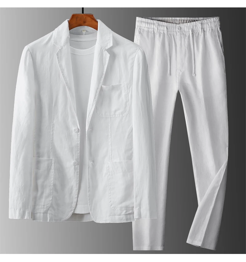 طقم بدلة رجالية من الكتان الطبيعي من Fengbaoyu - قطعتين - ربيع وخريف كاجوال فضفاض مقاس كبير نمط مريح وأنيق