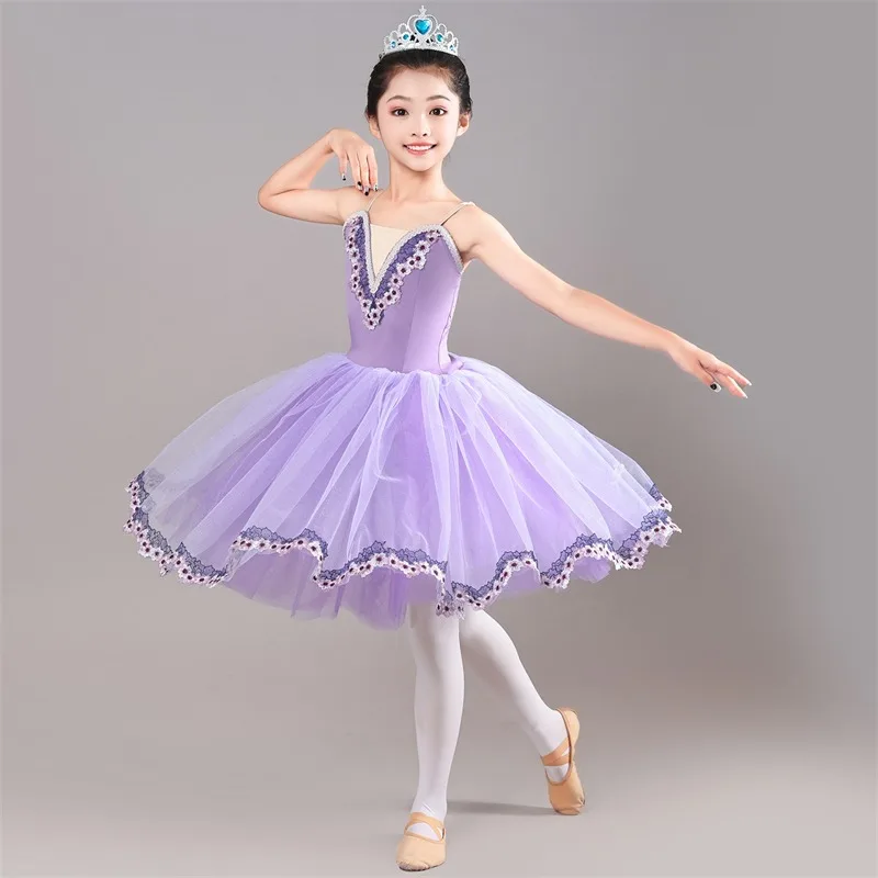 يوم الأطفال فستان رقص الباليه فتاة توتو زي الباليه مسابقة DanceVeil تنورة الضوء الأرجواني تنورة طويلة فستان الباليه للأطفال